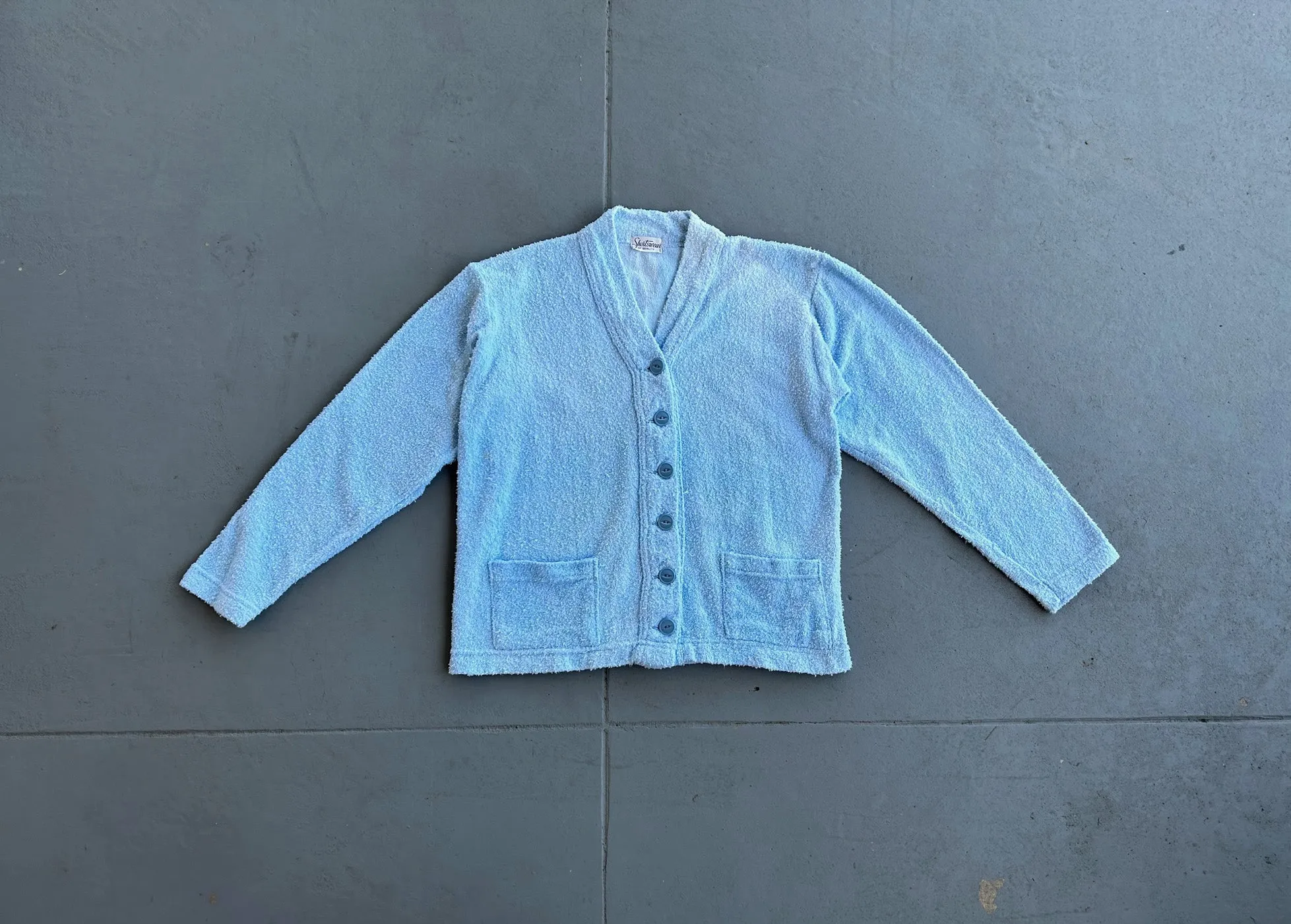 1950s terry cloth cardigan . blue 40s 50s sportswear . size small to m/l