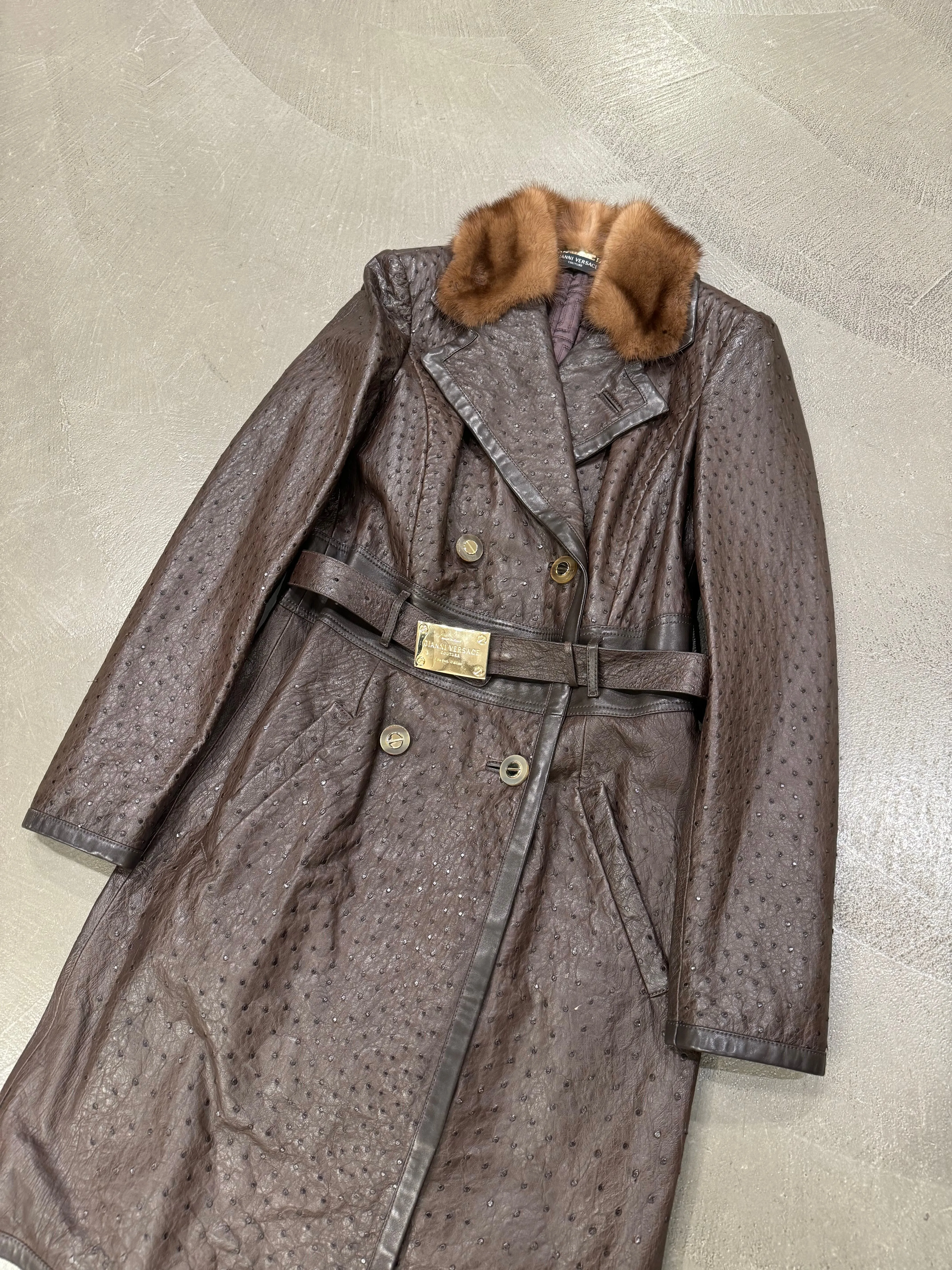 2000s Gianni Versace Couture ostrich embossed leather coat
