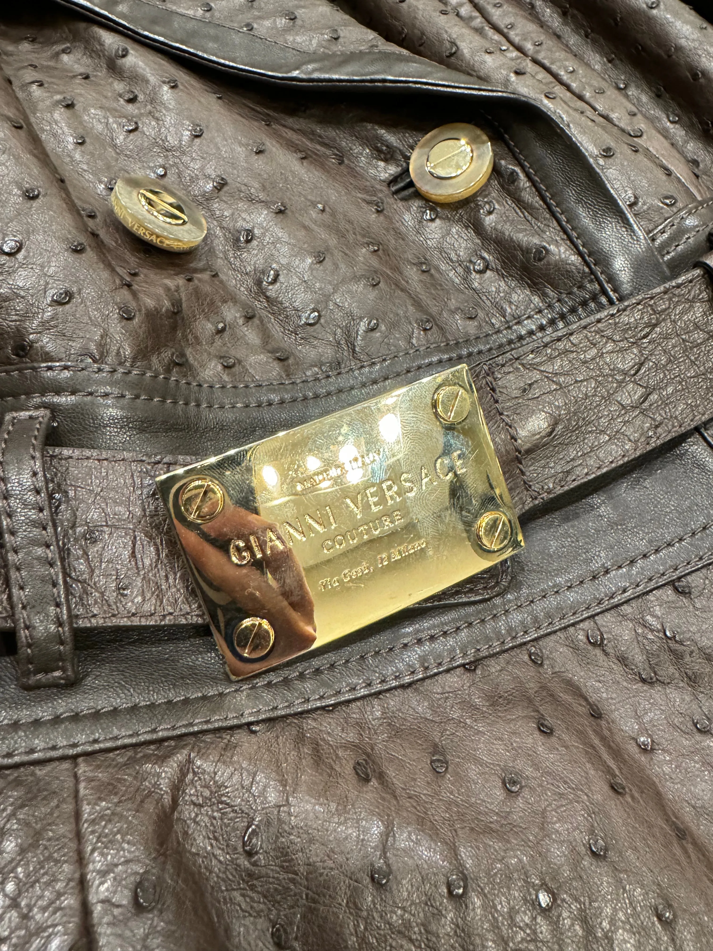 2000s Gianni Versace Couture ostrich embossed leather coat