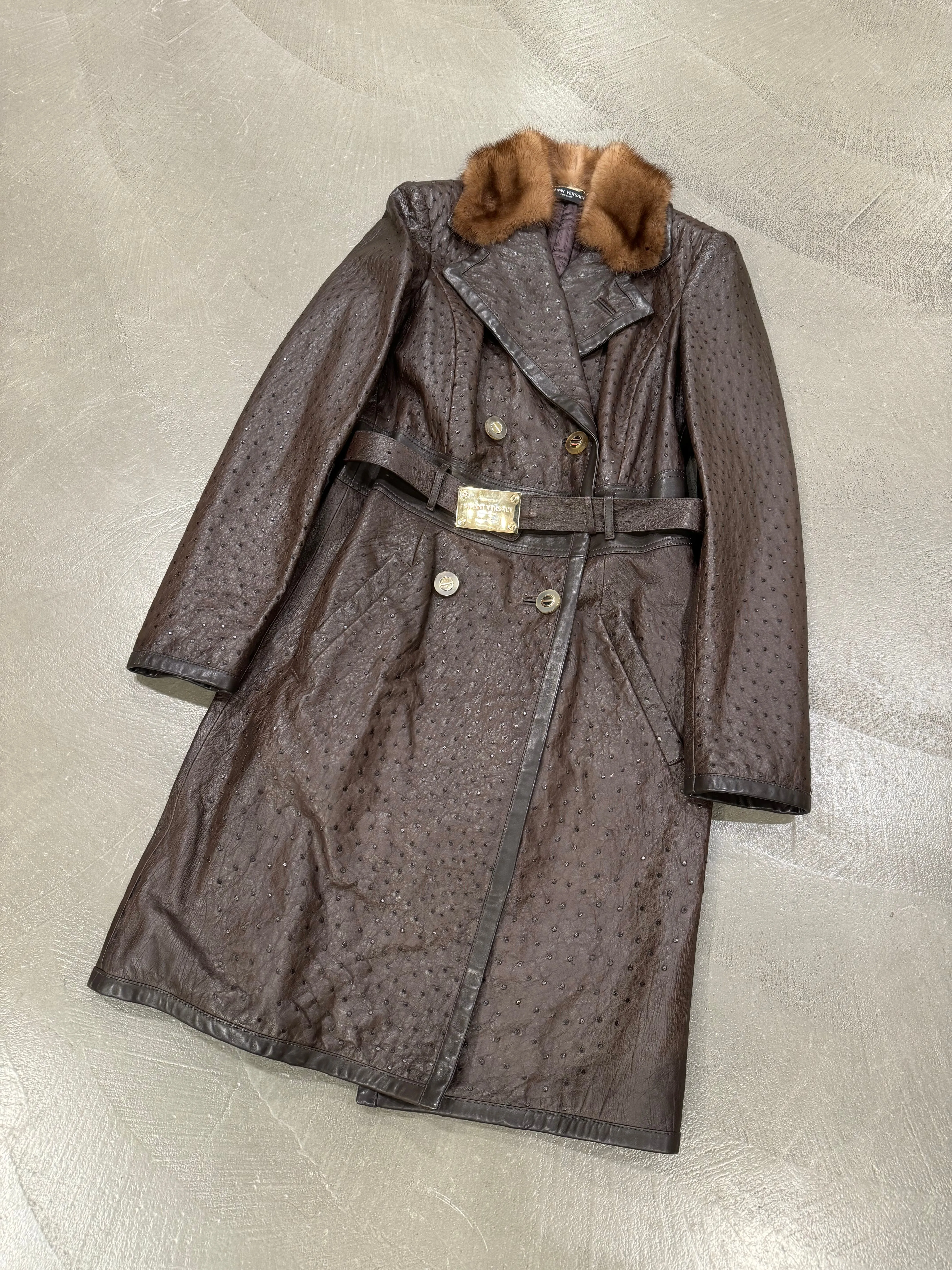 2000s Gianni Versace Couture ostrich embossed leather coat
