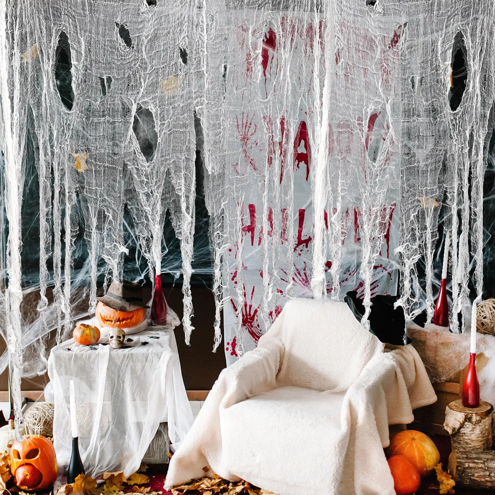 410 x 80 Halloween Creepy Cloth White Spooky Fabric Large Halloween Decorations Gauze Cloth Spooky Giant Cheese Cloth for Haunted House Halloween Party Supplies Decorations