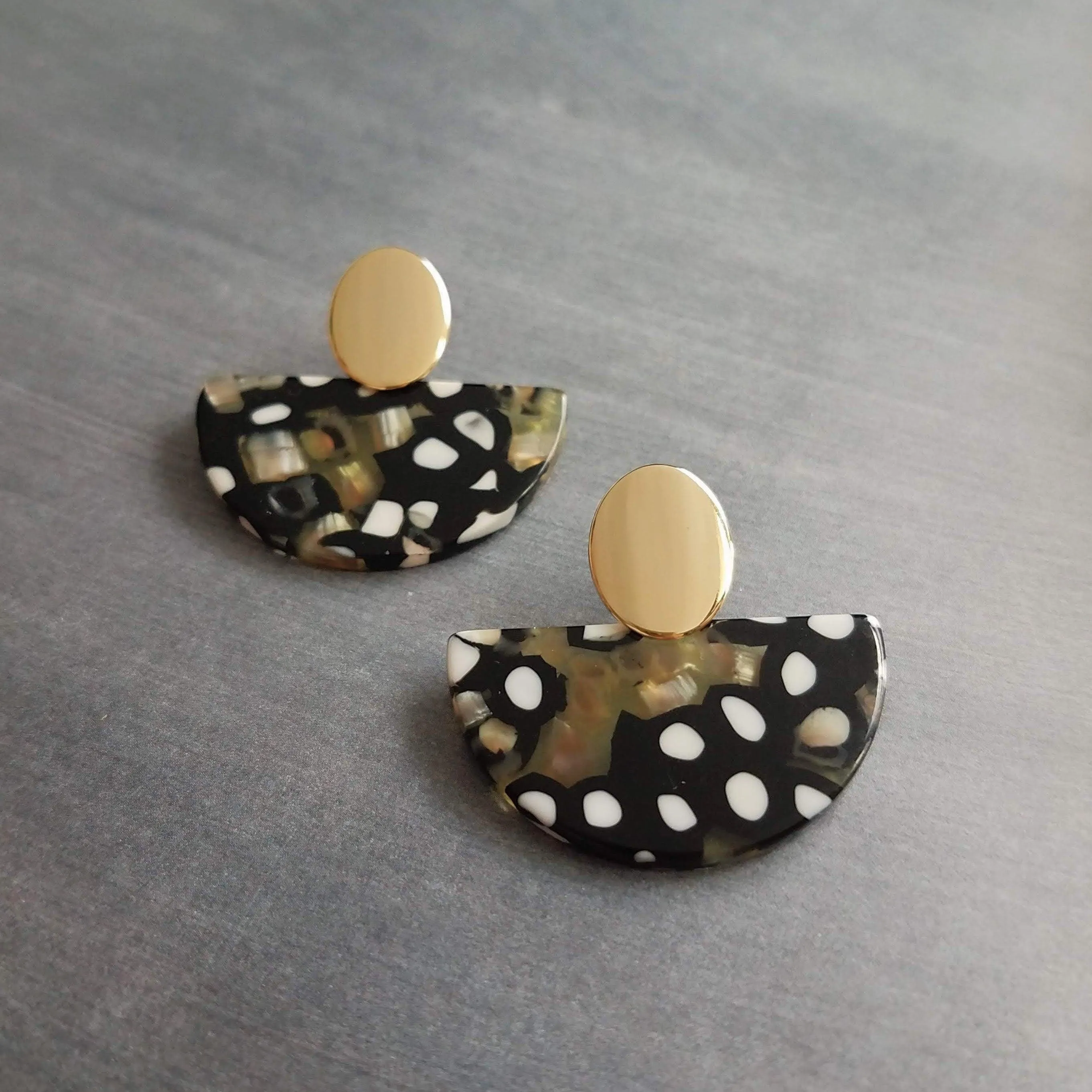 80s Tortoise Earrings, gold stud 80s earring, acrylic acetate earring, mottled, semicircle earring, half circle earring, thick chunky, oval