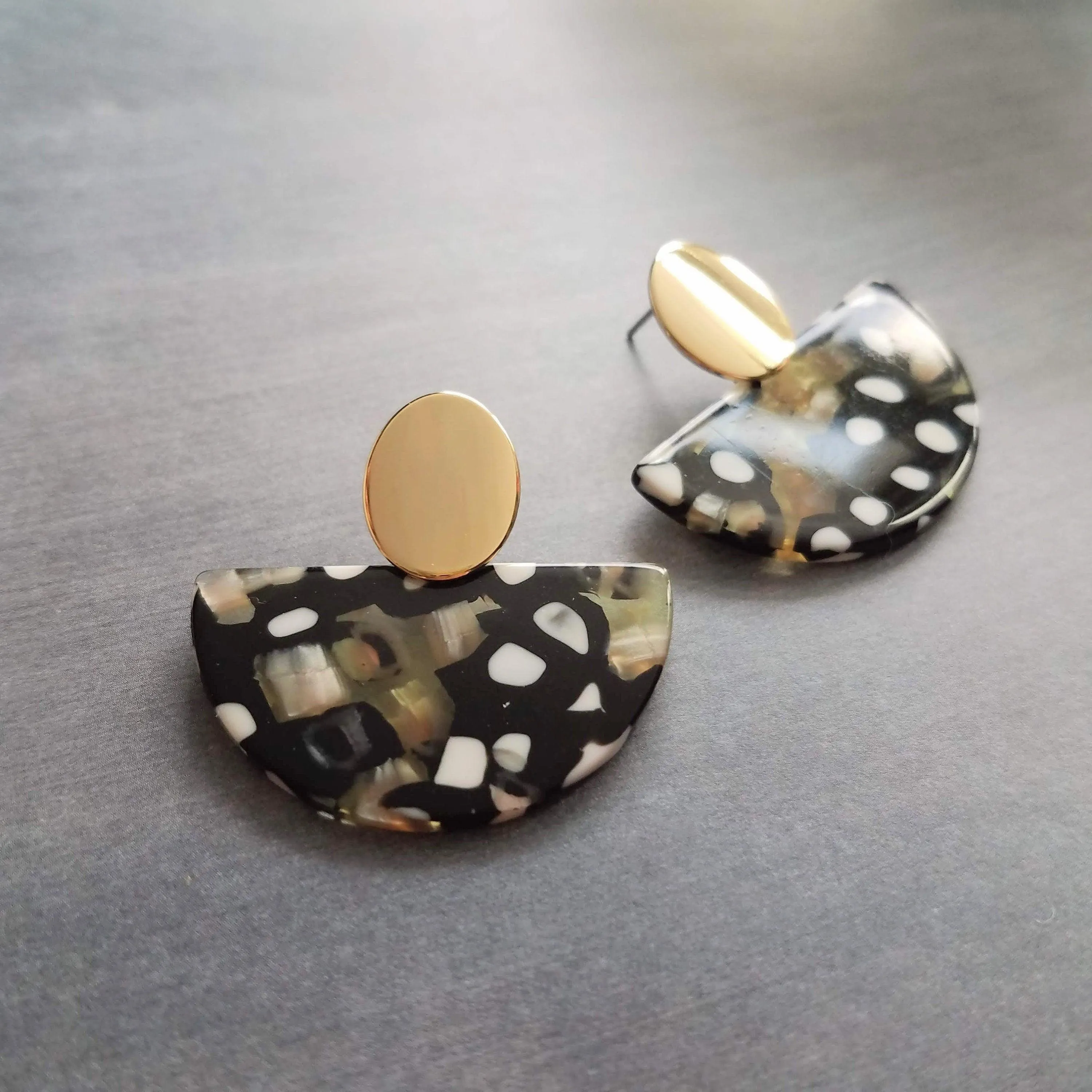 80s Tortoise Earrings, gold stud 80s earring, acrylic acetate earring, mottled, semicircle earring, half circle earring, thick chunky, oval