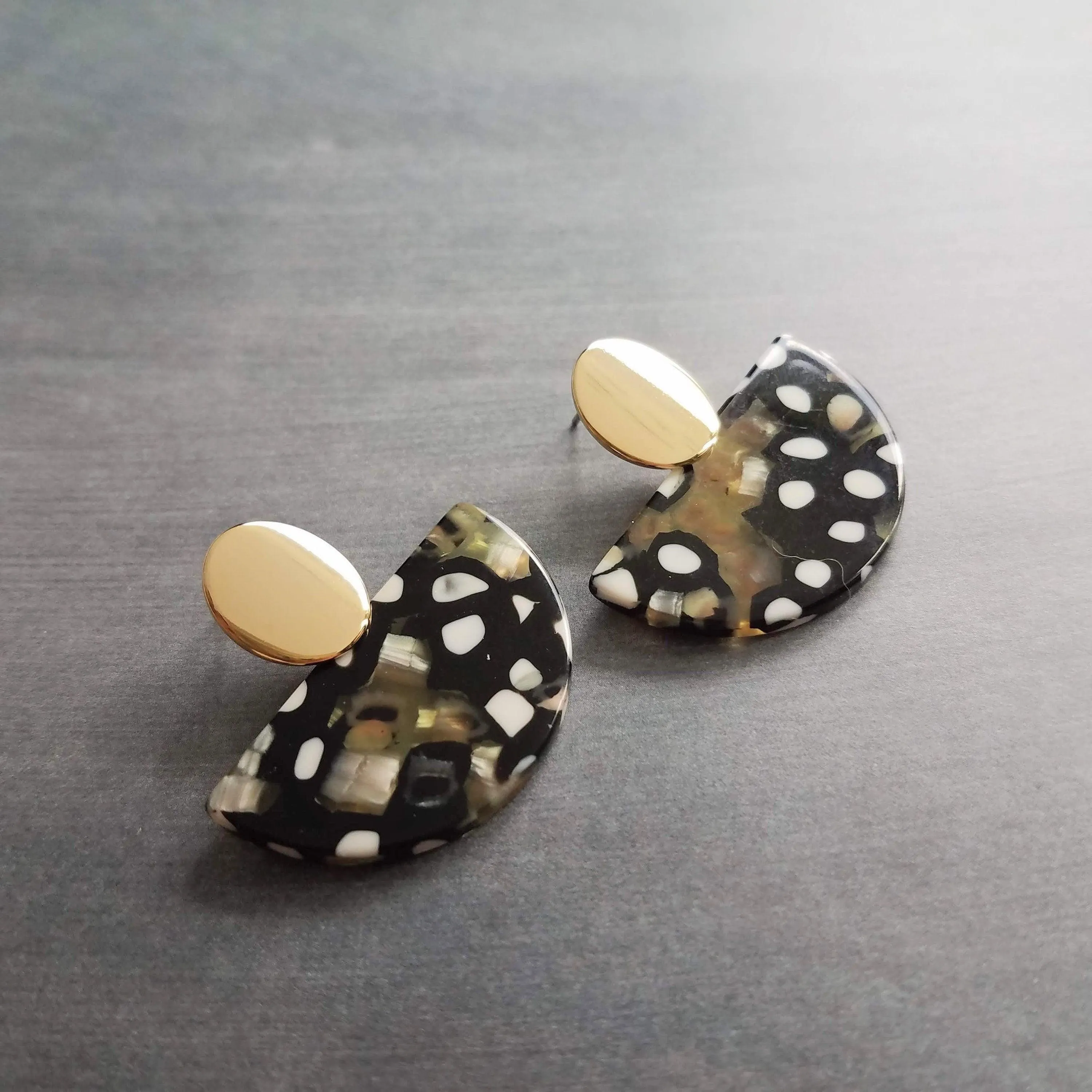 80s Tortoise Earrings, gold stud 80s earring, acrylic acetate earring, mottled, semicircle earring, half circle earring, thick chunky, oval