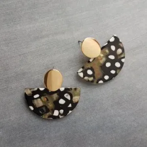80s Tortoise Earrings, gold stud 80s earring, acrylic acetate earring, mottled, semicircle earring, half circle earring, thick chunky, oval