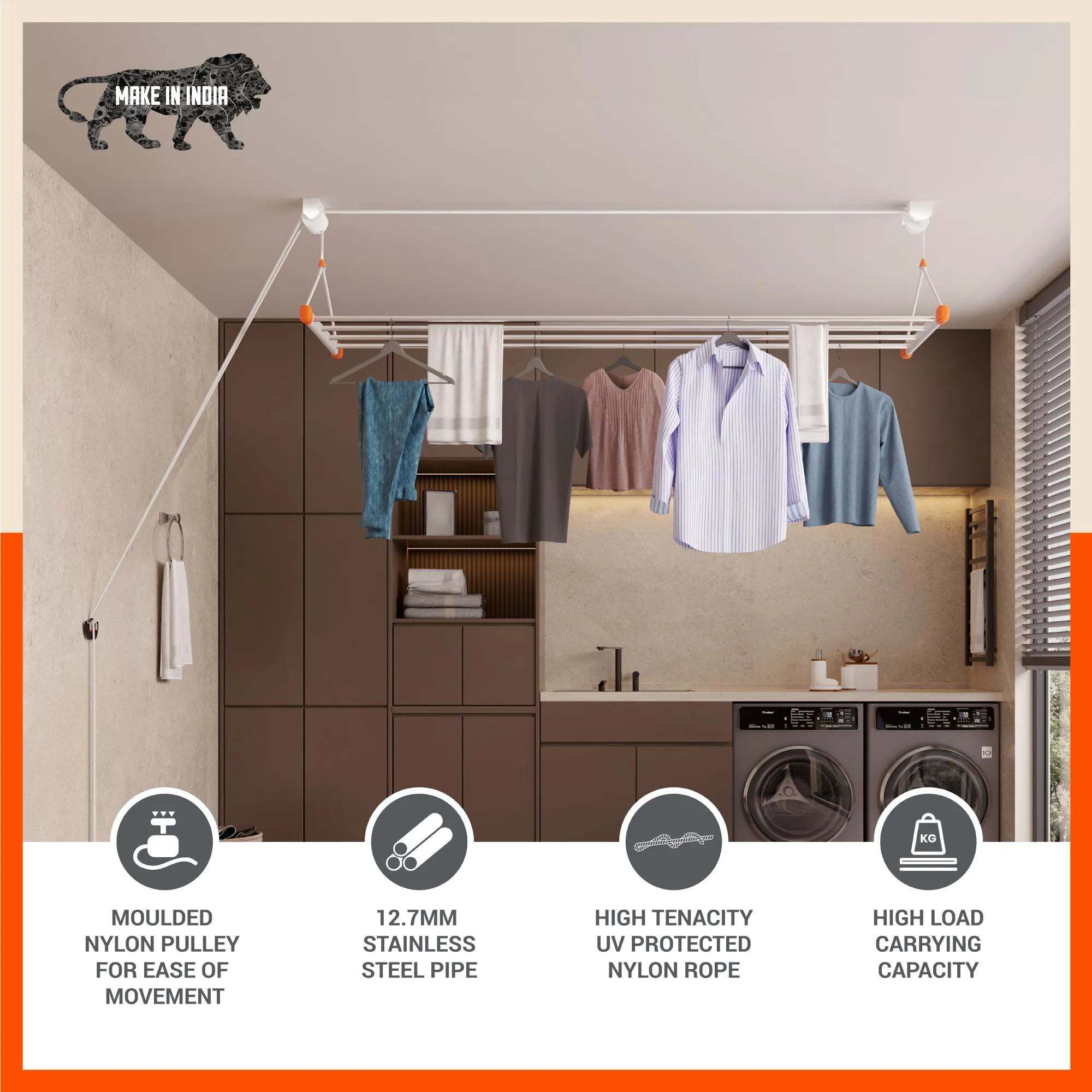 Bathla Mobidry LYFT Stainless Steel Ceiling Cloth Dryer  - 7ft x 4 Pipes
