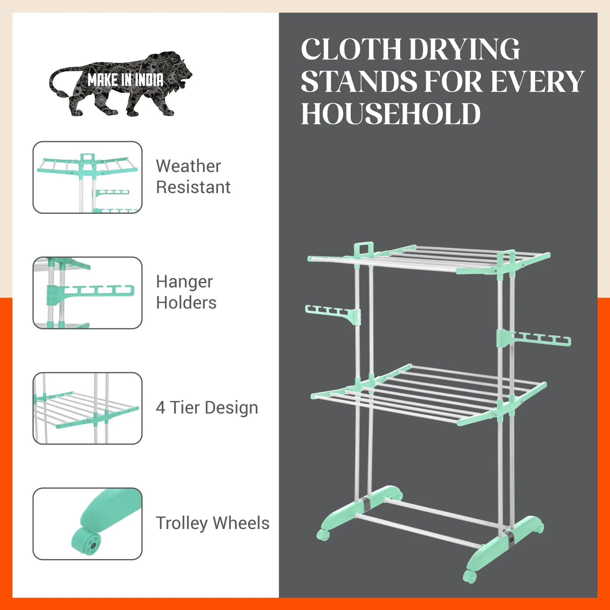 Bathla Mobidry Terra 2 Level Steel Modular Cloth Drying Stand For Home (Teal - Medium) Made in India