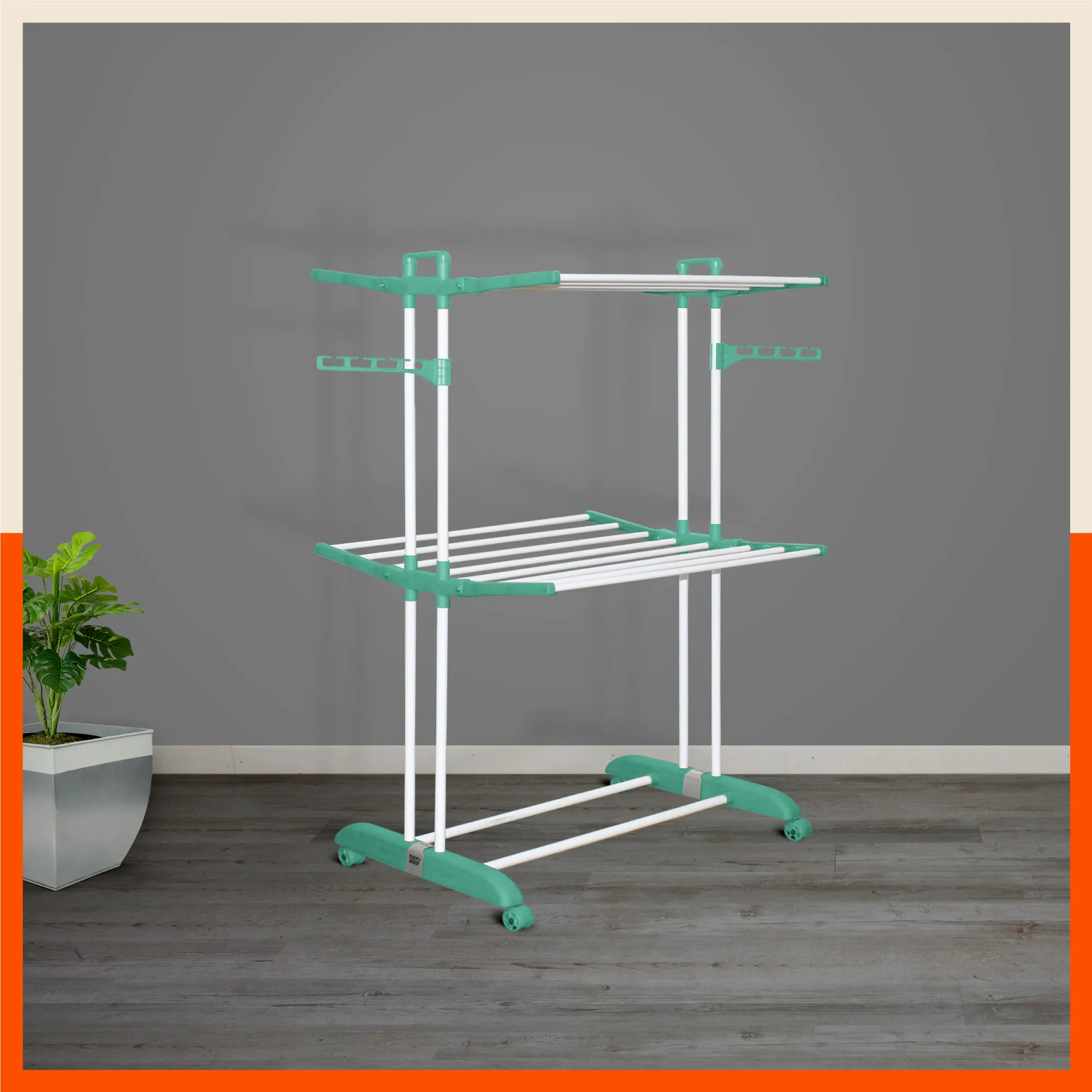 Bathla Mobidry Terra 2 Level Steel Modular Cloth Drying Stand For Home (Teal - Medium) Made in India