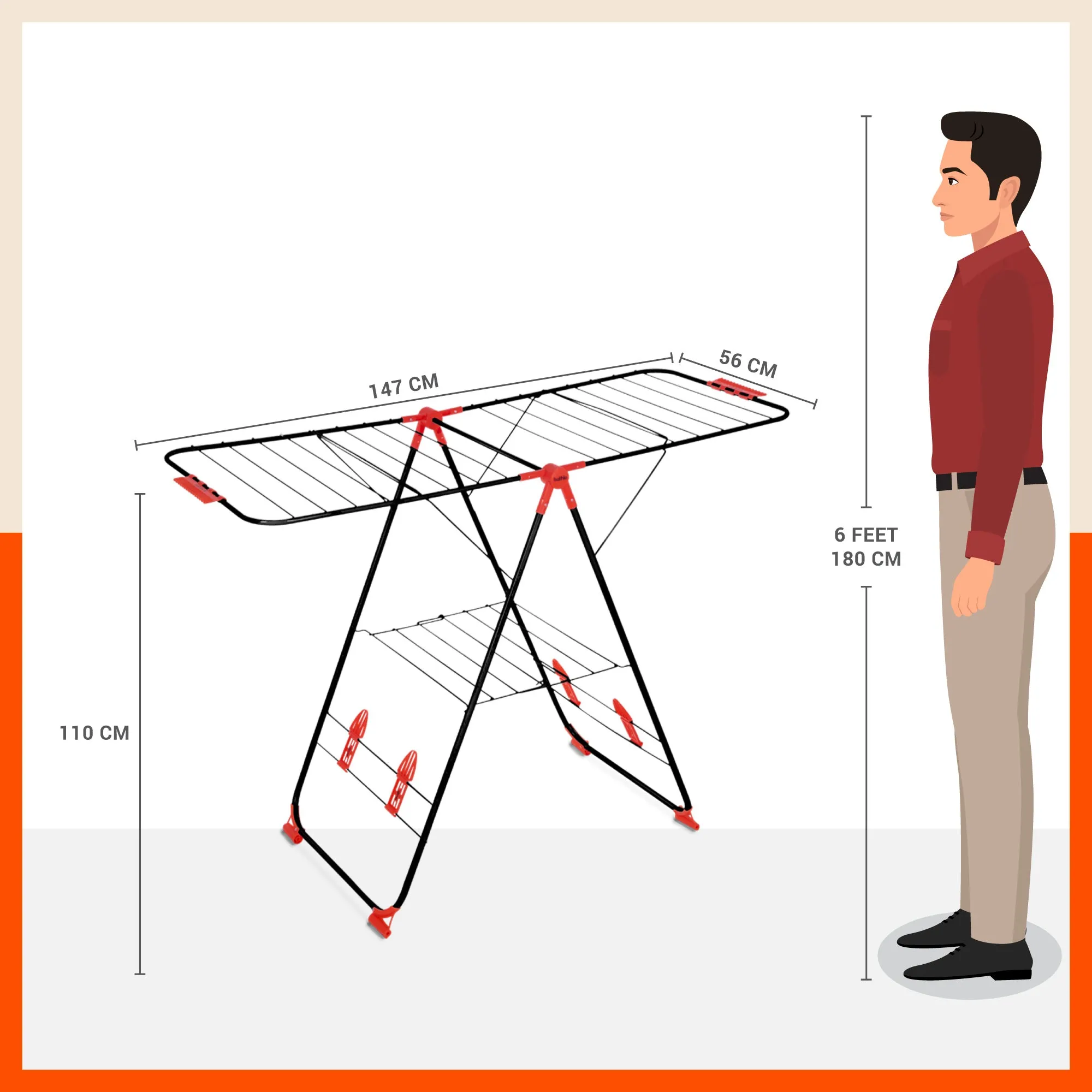 Bathla Mobidry Titan - Foldable Cloth Drying Stand For Home (Black   Red)