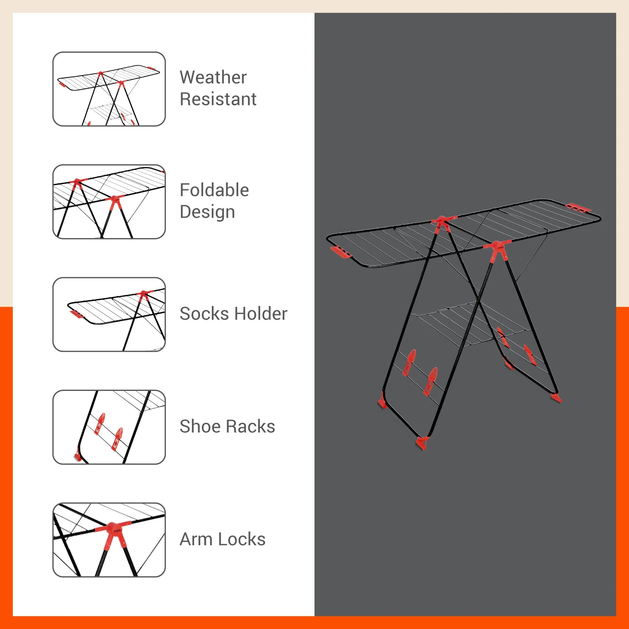 Bathla Mobidry Titan - Foldable Cloth Drying Stand For Home (Black   Red)