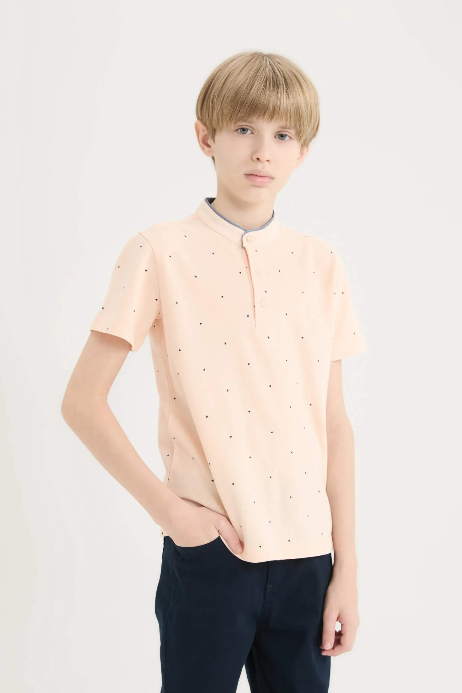 Boy Mandarin Collar Pique Short Sleeve Polo T-shirt