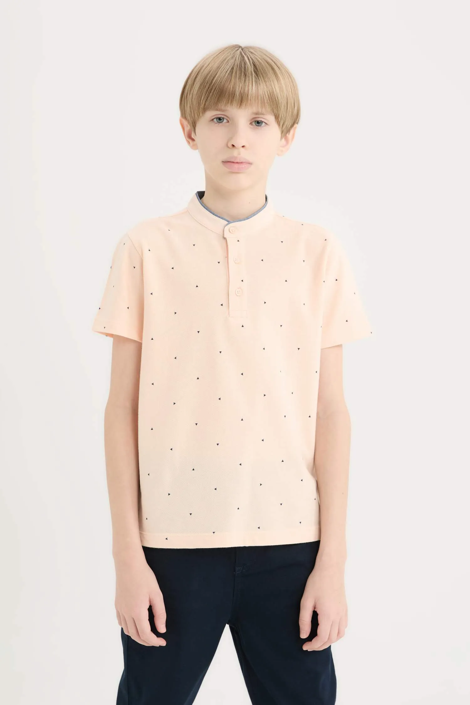 Boy Mandarin Collar Pique Short Sleeve Polo T-shirt