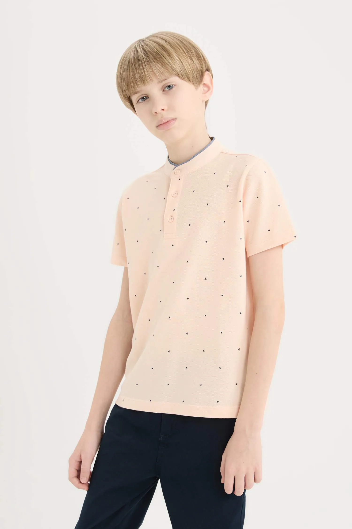 Boy Mandarin Collar Pique Short Sleeve Polo T-shirt