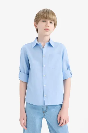 Boys Polo Collar Linen Look Long Sleeve Shirt