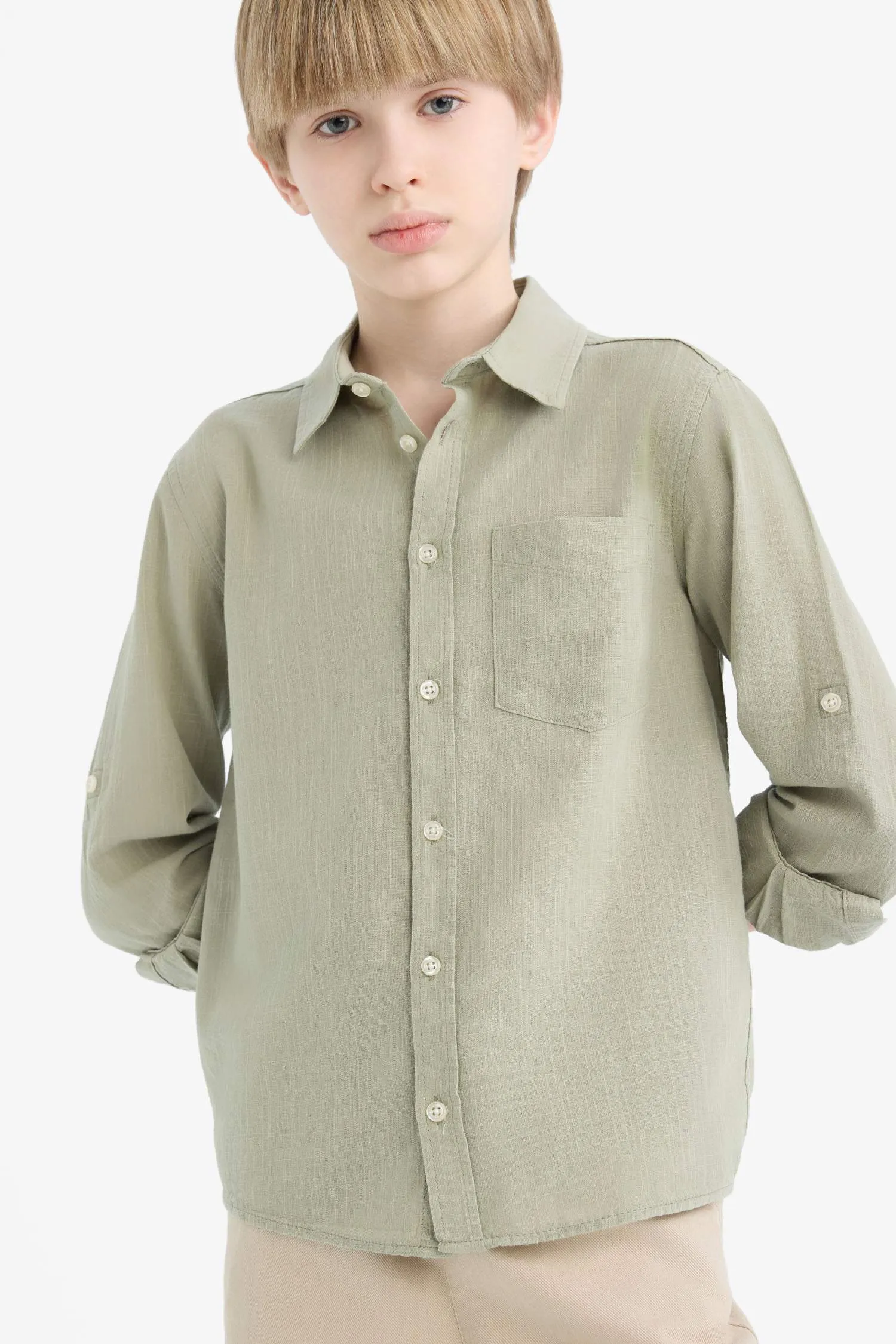 Boys Polo Collar Linen Look Long Sleeve Shirt