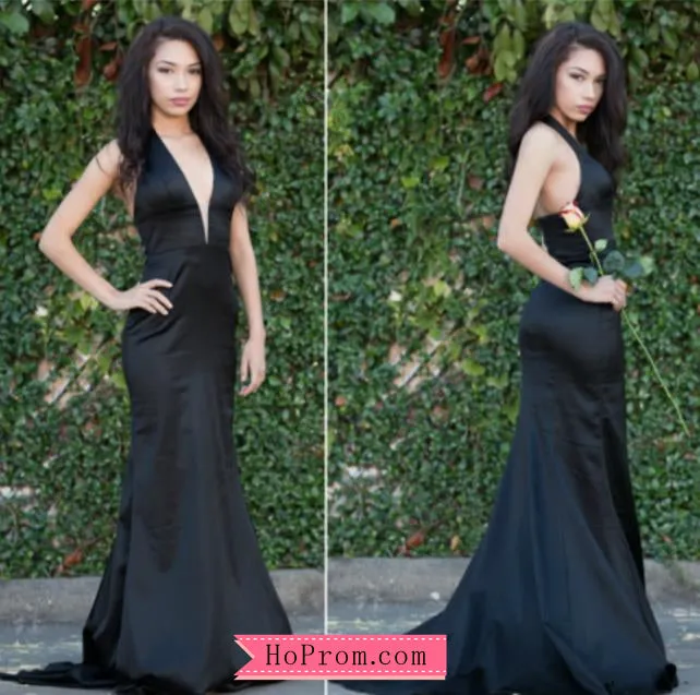 Deep V-neck Halter Stretch Satin Black Prom Dresses Pageant Dresses