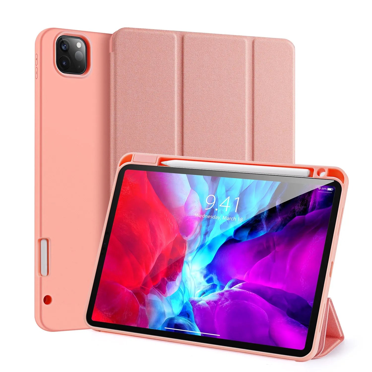 DUX DUCIS for iPad Pro 12.9 2020 Fall Resistant Smart Stay Cover Leather Protective Case with Pen Holder  Pink