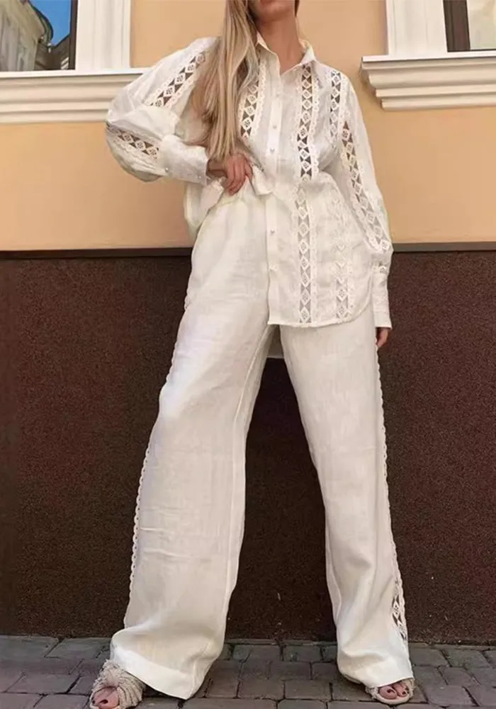 Elegant Lace Panel Button-Up Shirt and Wide-Leg Pants Two-Piece Set