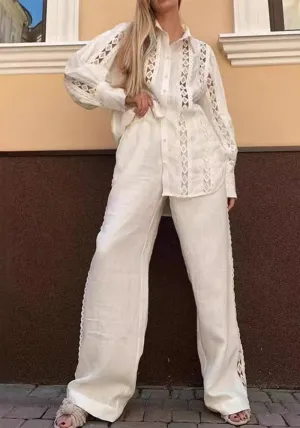 Elegant Lace Panel Button-Up Shirt and Wide-Leg Pants Two-Piece Set