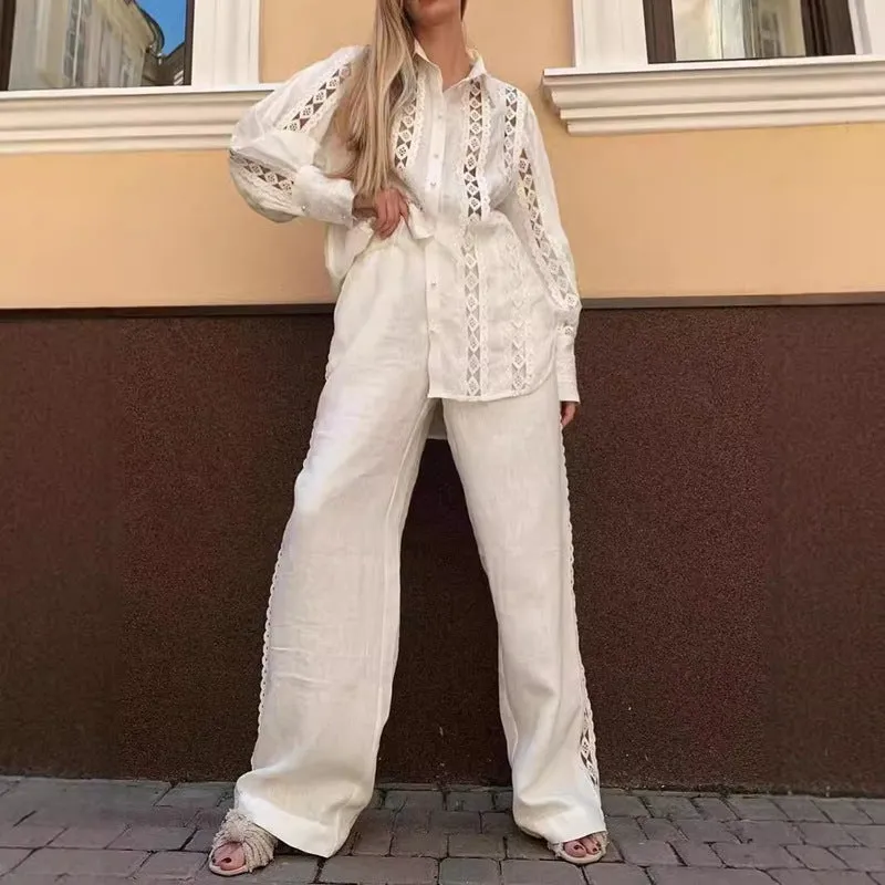 Elegant Lace Panel Button-Up Shirt and Wide-Leg Pants Two-Piece Set