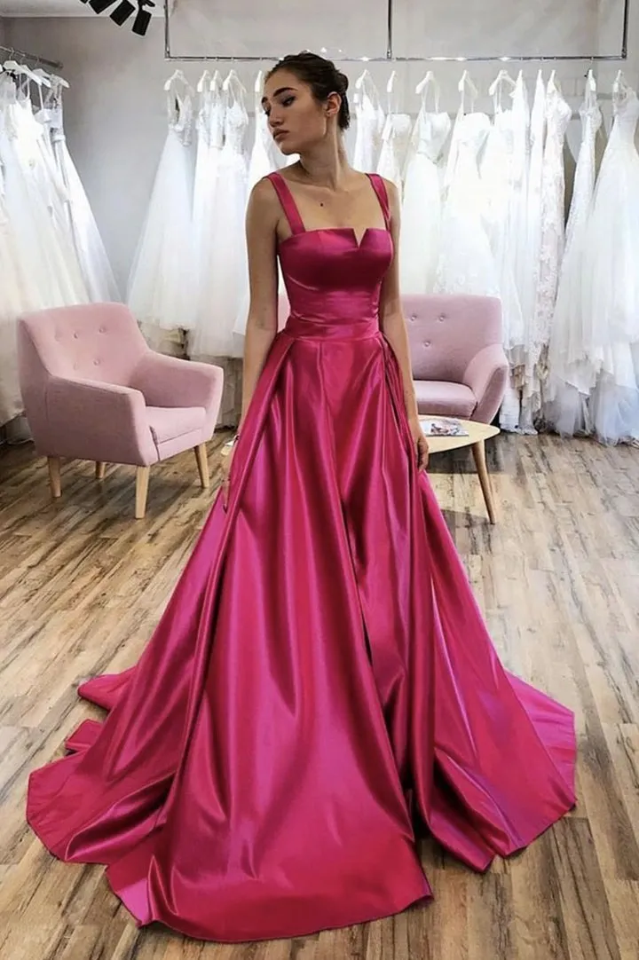 Formal Fuschia Soaghetti Straps V-neck A-line Long Prom Dress, Gown, PD3319