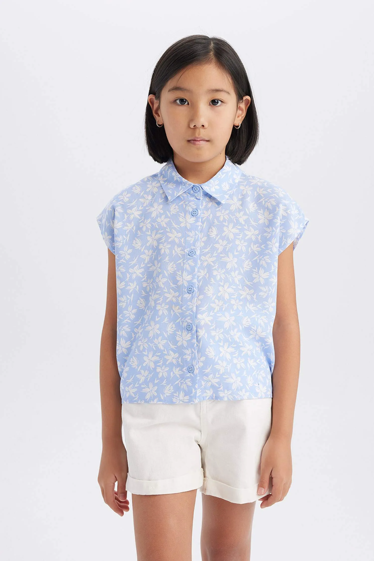 Girl Cotton Floral Short Sleeve Crop Shirt