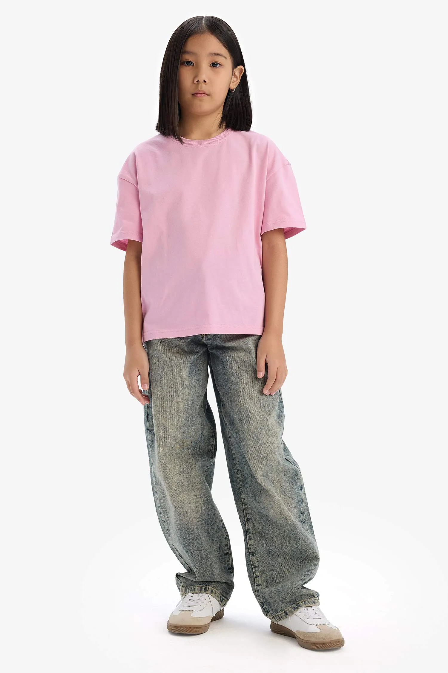 Girl Relax Fit Crew Neck Basic Short Sleeve T-Shirt