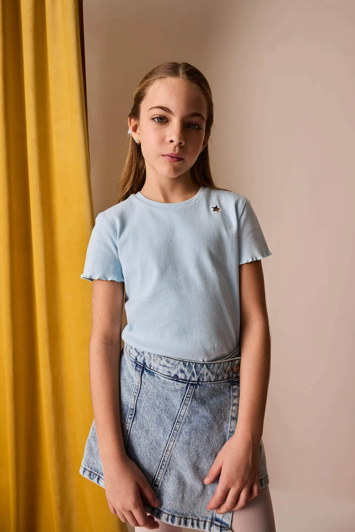 Girl Slim Fit Crew Neck Embroidered Ribbed Camisole T-Shirt