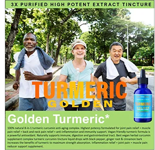 Golden Turmeric - Joint Pain Relief   Inflammation Reduce   Blood Vessel Clean Healthy Aging - Targeted Synergy All Natural 8 Herbal Extract Tincture - Curcumin w/Ginger Black Pepper Rosemary &amp; More