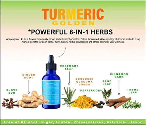 Golden Turmeric - Joint Pain Relief   Inflammation Reduce   Blood Vessel Clean Healthy Aging - Targeted Synergy All Natural 8 Herbal Extract Tincture - Curcumin w/Ginger Black Pepper Rosemary &amp; More