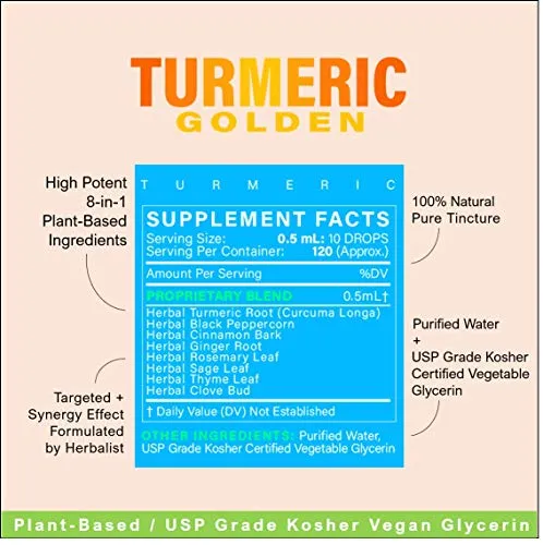 Golden Turmeric - Joint Pain Relief   Inflammation Reduce   Blood Vessel Clean Healthy Aging - Targeted Synergy All Natural 8 Herbal Extract Tincture - Curcumin w/Ginger Black Pepper Rosemary &amp; More