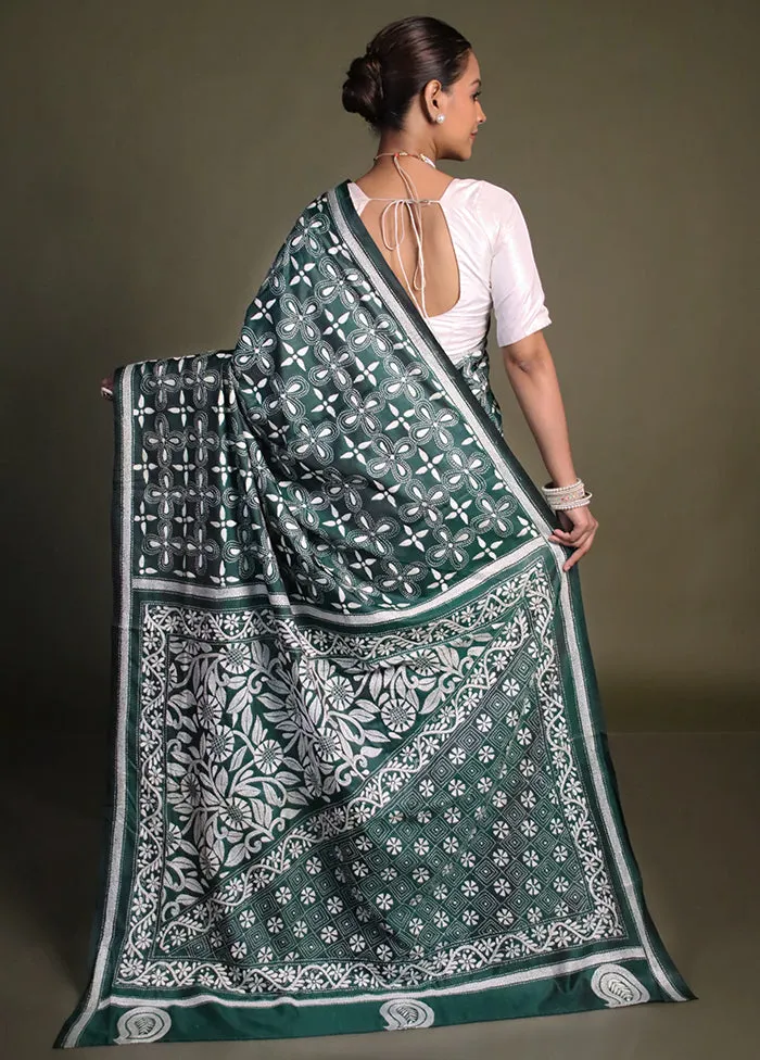 Green Kantha Stitch Silk Saree With Blouse Piece
