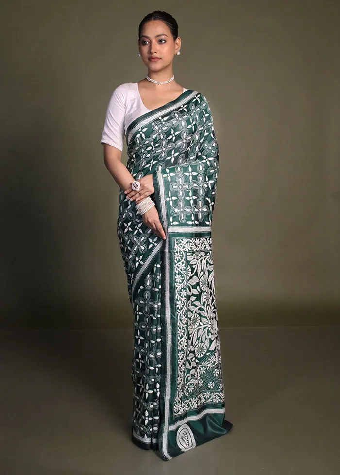 Green Kantha Stitch Silk Saree With Blouse Piece