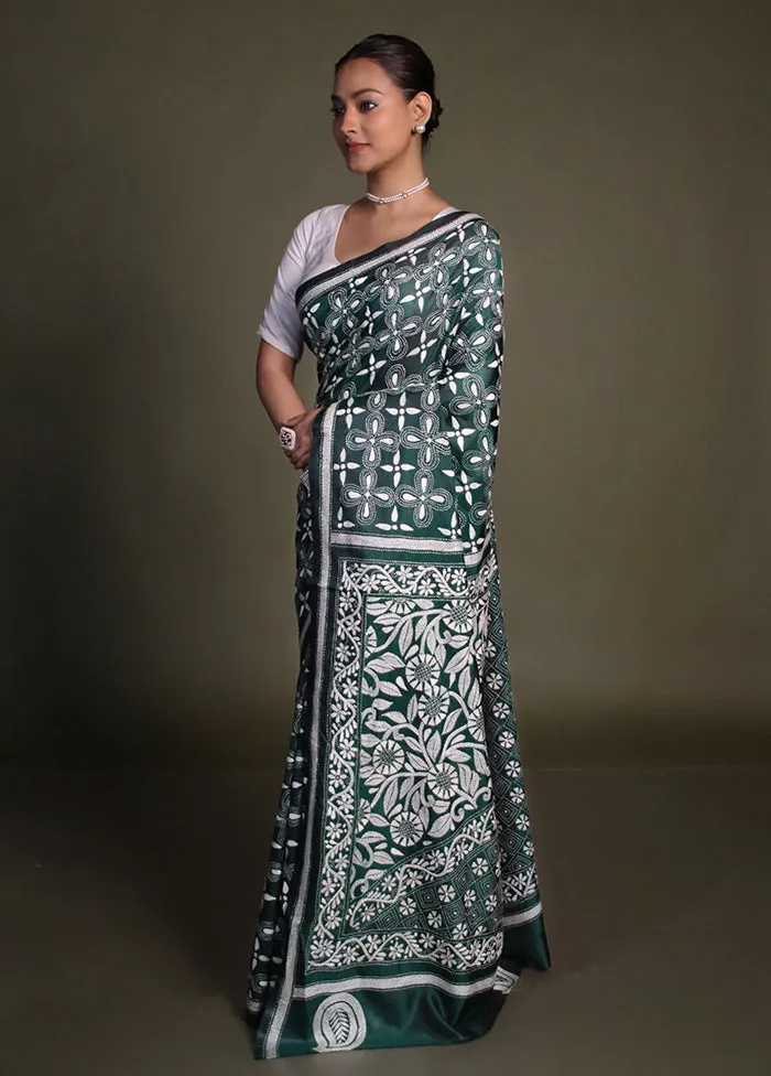 Green Kantha Stitch Silk Saree With Blouse Piece