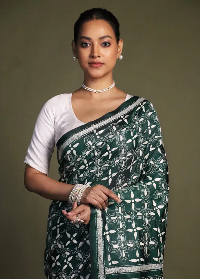 Green Kantha Stitch Silk Saree With Blouse Piece