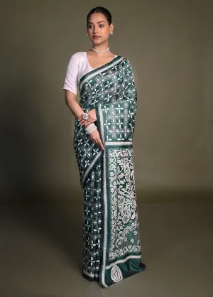Green Kantha Stitch Silk Saree With Blouse Piece