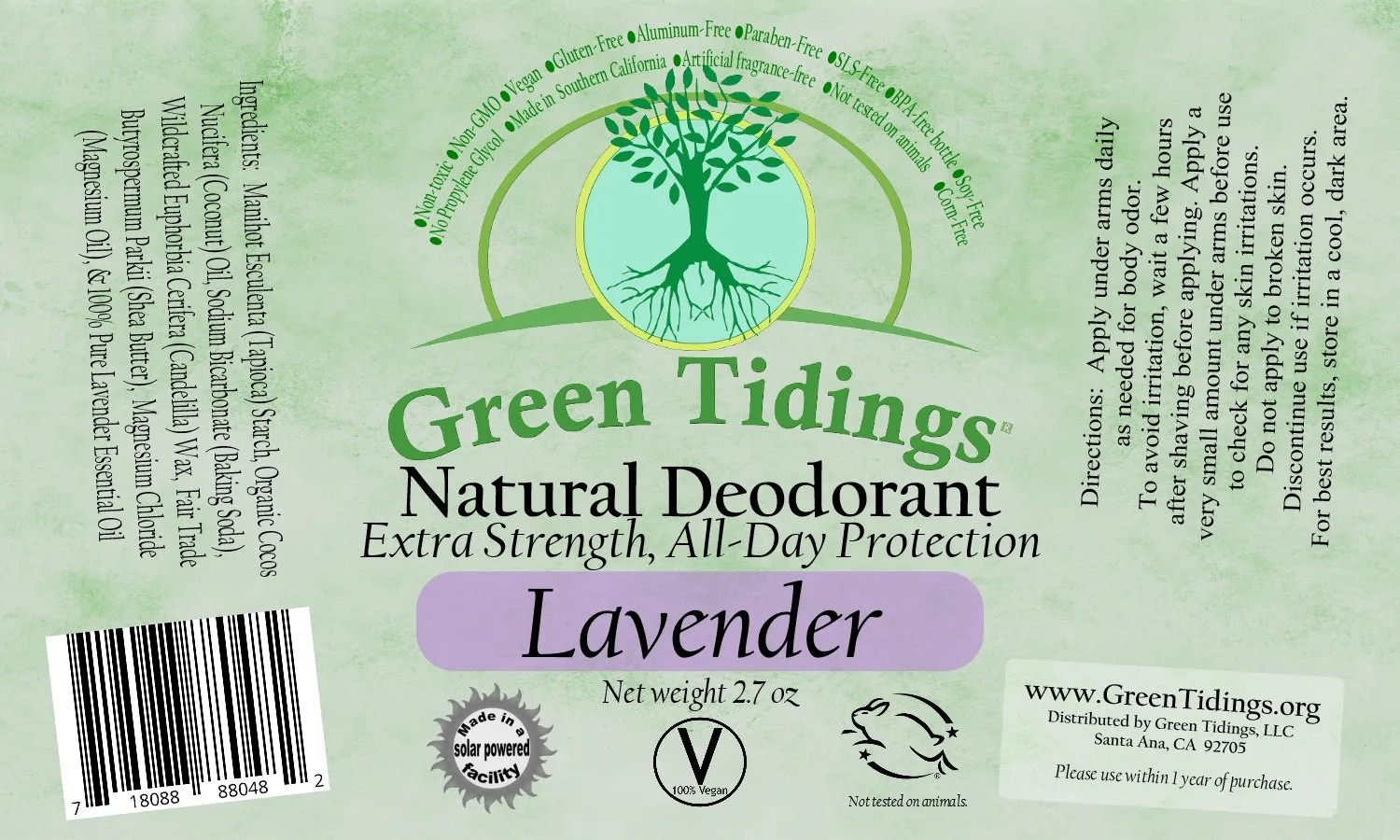 Green Tidings All Natural Deodorant- Lavender, 2.7 Ounces