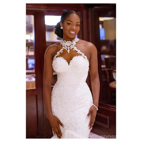 Halter Sexy See Through Lace Mermaid Wedding Dresses, Mermaid Wedding Gown, WD697