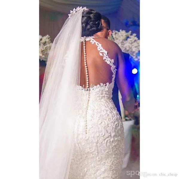 Halter Sexy See Through Lace Mermaid Wedding Dresses, Mermaid Wedding Gown, WD697