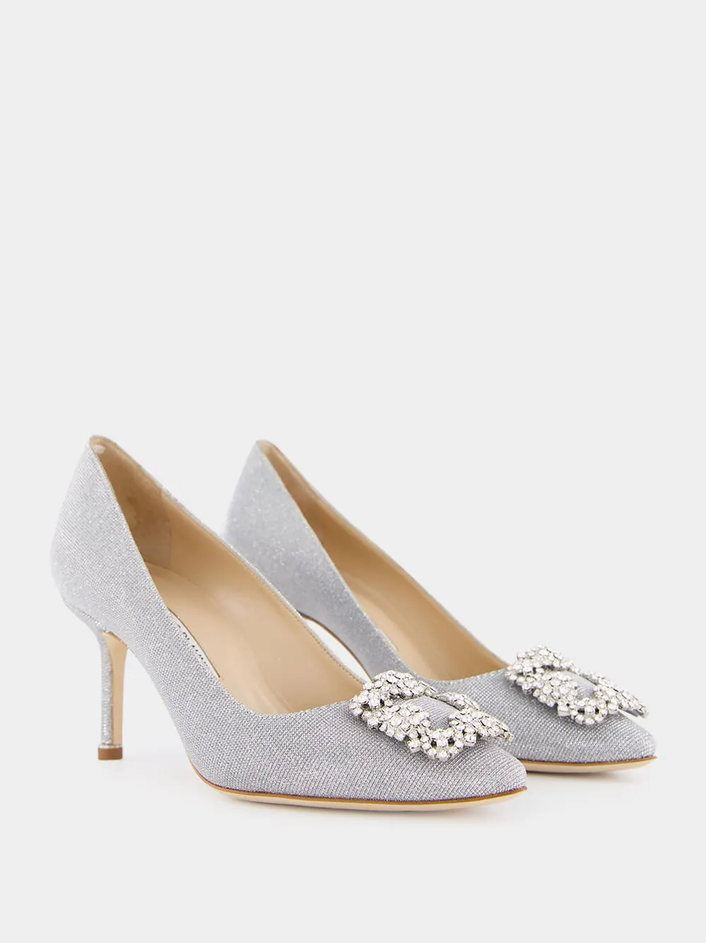 Hangisi Silver Glitter Fabric Jewel Buckle Pumps