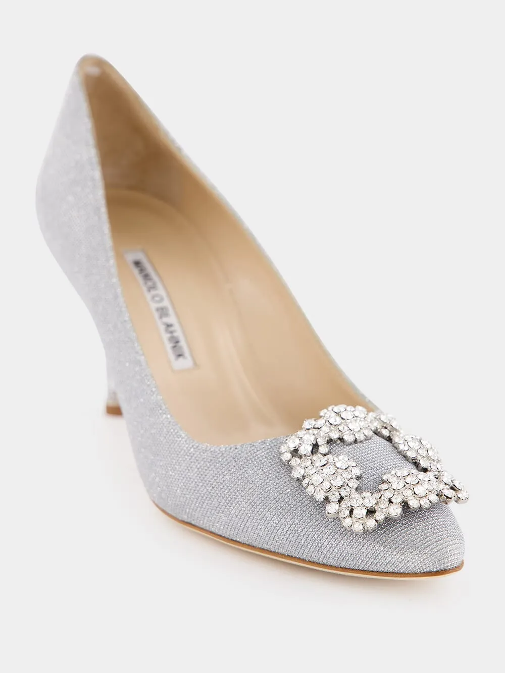Hangisi Silver Glitter Fabric Jewel Buckle Pumps