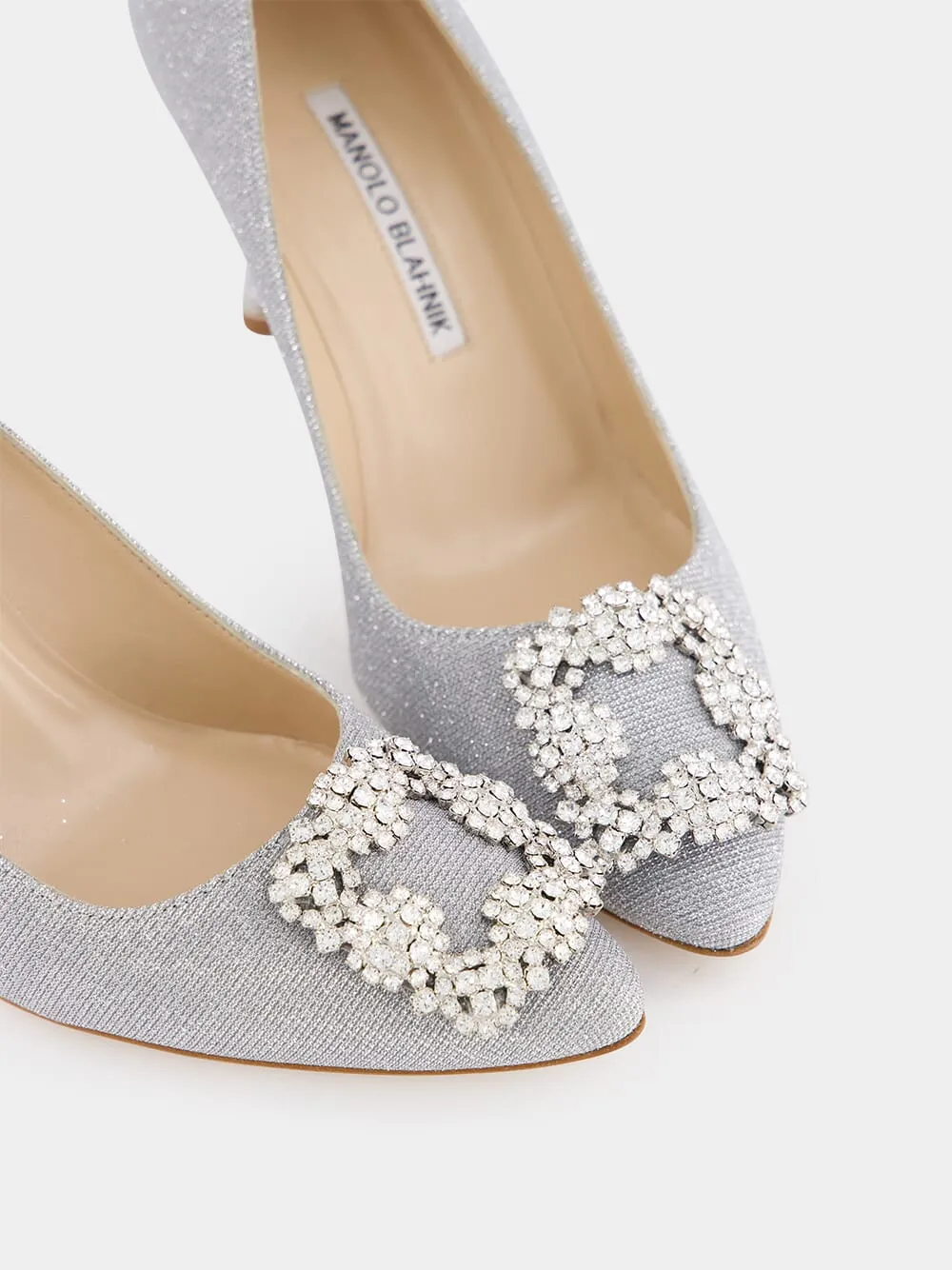 Hangisi Silver Glitter Fabric Jewel Buckle Pumps