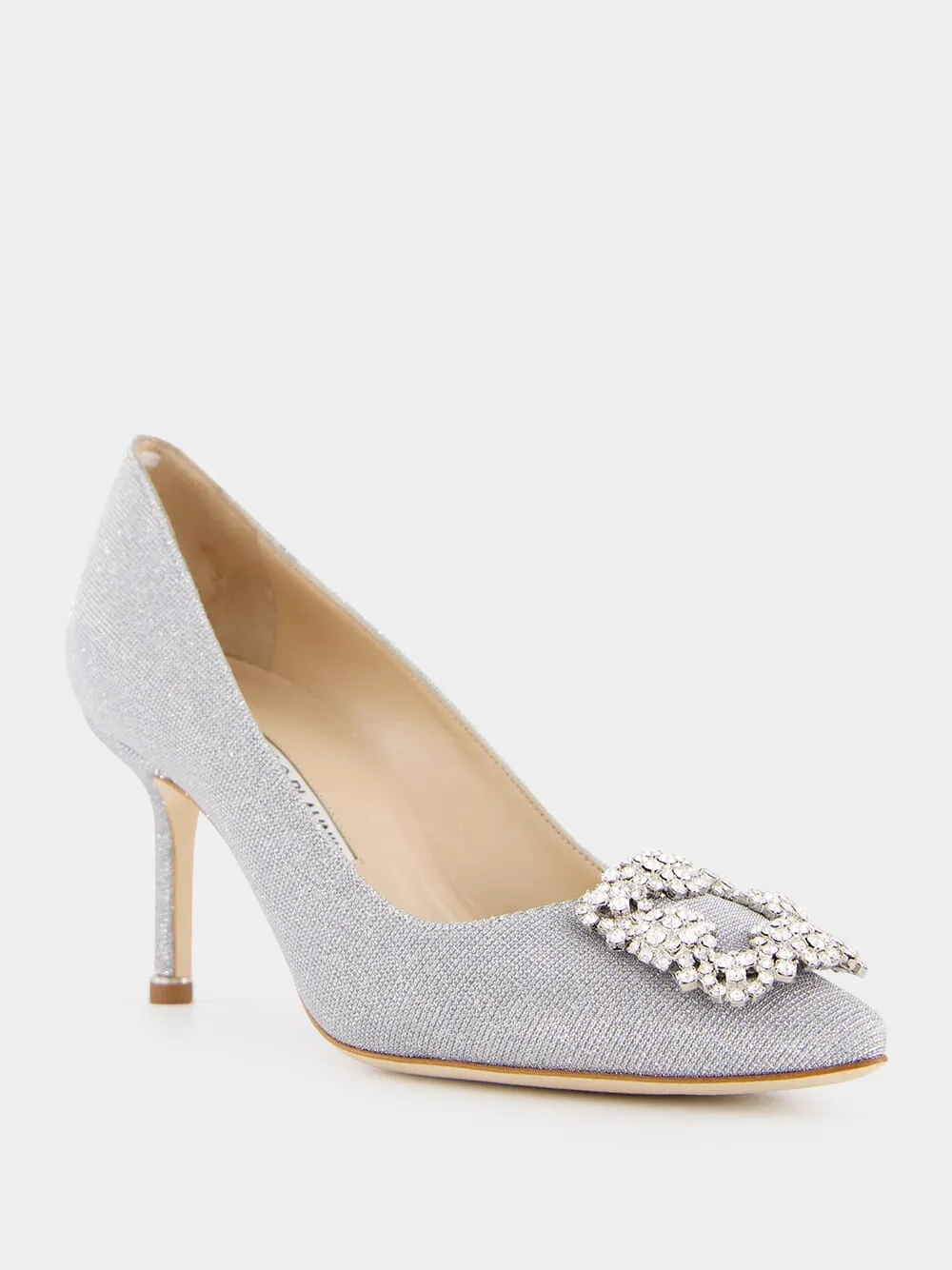 Hangisi Silver Glitter Fabric Jewel Buckle Pumps