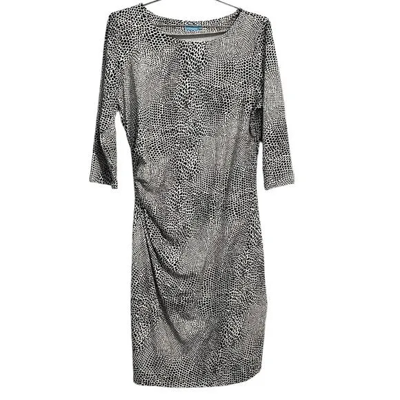 J McLaughlin Black &amp; White Spotted Print Catalina Cloth 3/4 Sleeve Dress L