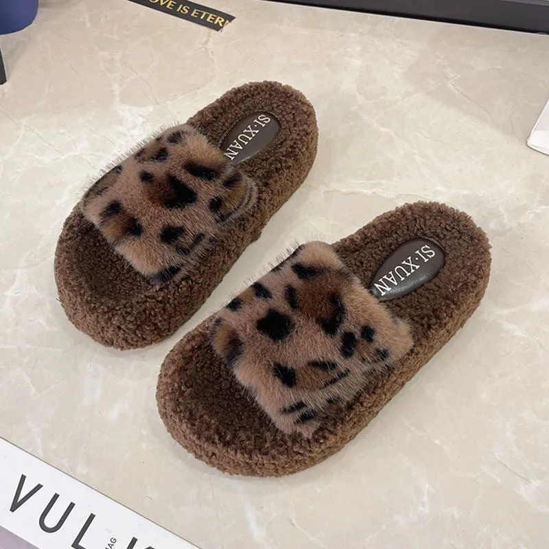 Leopard Print Thick-soled Furry Slippers for Women, Fashionable Home Warm Furry Slippers for Autumn and Winter C-241120-1