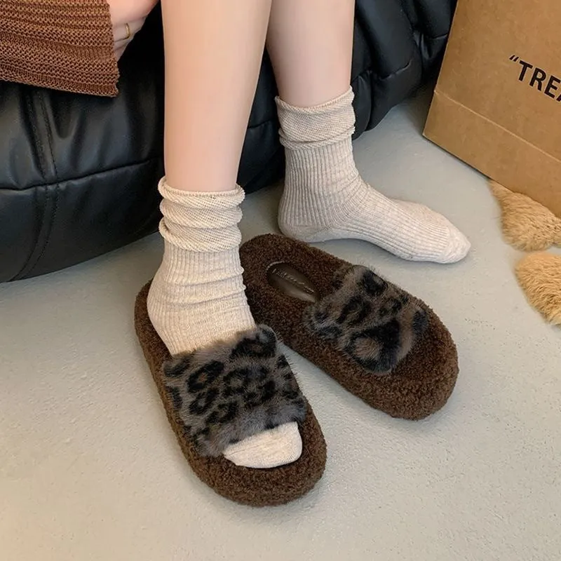 Leopard Print Thick-soled Furry Slippers for Women, Fashionable Home Warm Furry Slippers for Autumn and Winter C-241120-1