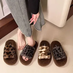 Leopard Print Thick-soled Furry Slippers for Women, Fashionable Home Warm Furry Slippers for Autumn and Winter C-241120-1