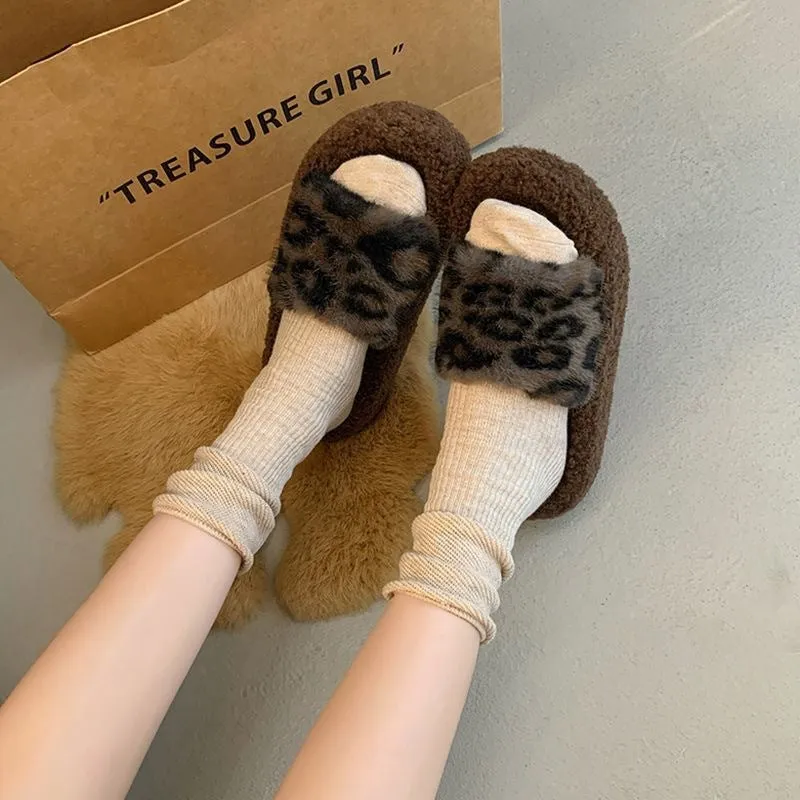 Leopard Print Thick-soled Furry Slippers for Women, Fashionable Home Warm Furry Slippers for Autumn and Winter C-241120-1