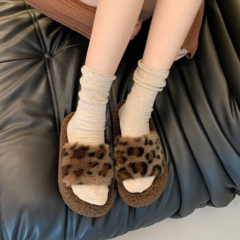 Leopard Print Thick-soled Furry Slippers for Women, Fashionable Home Warm Furry Slippers for Autumn and Winter C-241120-1