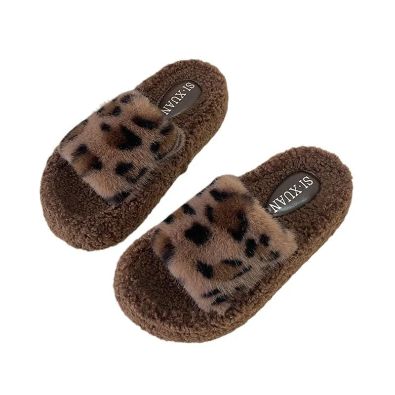 Leopard Print Thick-soled Furry Slippers for Women, Fashionable Home Warm Furry Slippers for Autumn and Winter C-241120-1